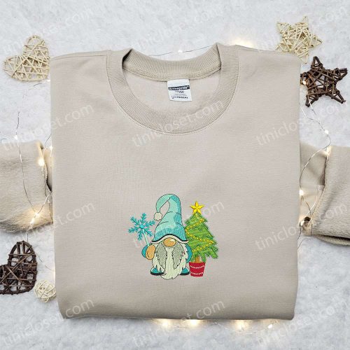 Gnome With Christmas Tree Embroidered T-Shirt: Best Holiday Gift Idea for Christmas