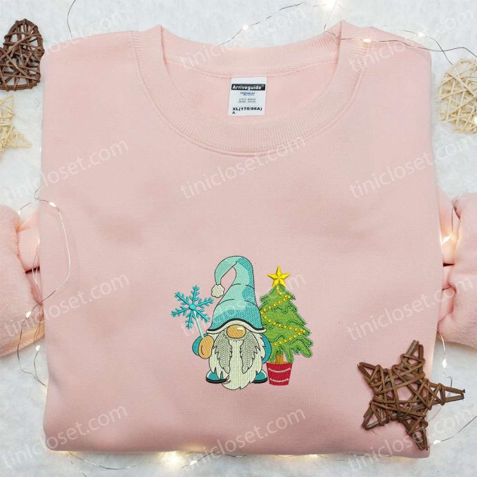 Gnome With Christmas Tree Embroidered T-Shirt: Best Holiday Gift Idea for Christmas