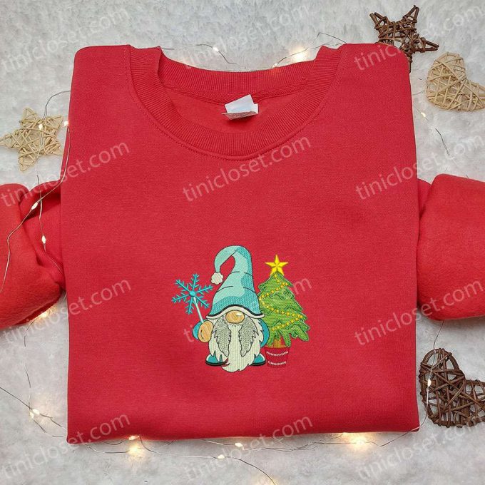 Gnome With Christmas Tree Embroidered T-Shirt: Best Holiday Gift Idea for Christmas