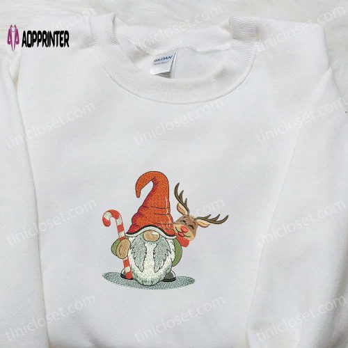 Christmas Gift Ideas: Gnome With Candy Cane Embroidered Hoodie & T-shirt