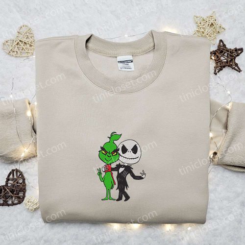 Grinch & Jack Skellington Embroidered Sweatshirt: Halloween Hoodie Perfect Christmas Gift