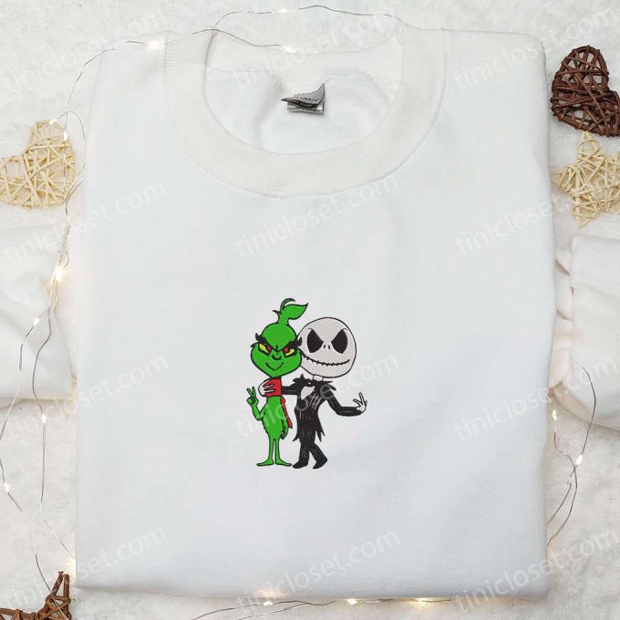 Grinch & Jack Skellington Embroidered Sweatshirt: Halloween Hoodie Perfect Christmas Gift