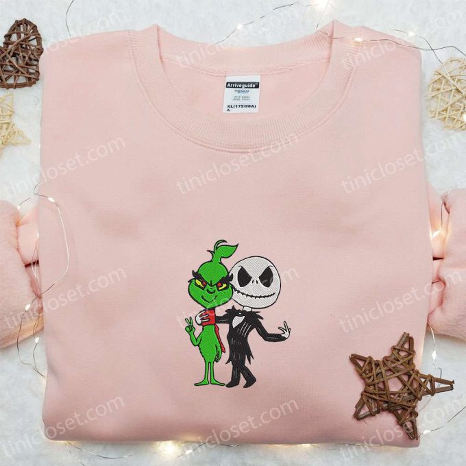 Grinch & Jack Skellington Embroidered Sweatshirt: Halloween Hoodie Perfect Christmas Gift