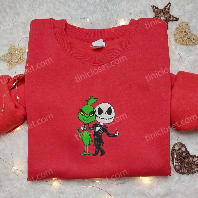 Grinch & Jack Skellington Embroidered Sweatshirt: Halloween Hoodie Perfect Christmas Gift