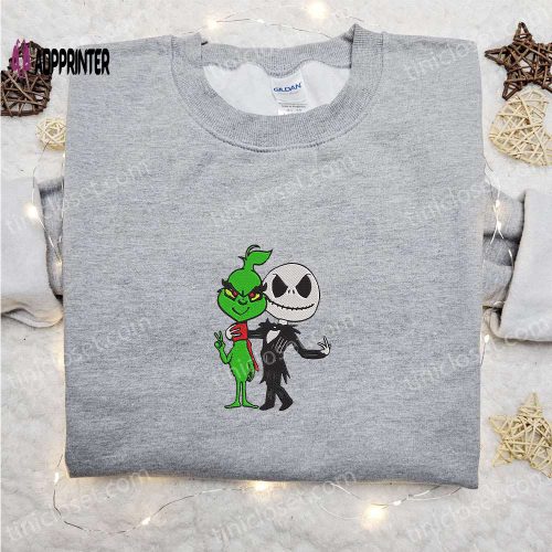 Grinch & Jack Skellington Embroidered Sweatshirt: Halloween Hoodie Perfect Christmas Gift