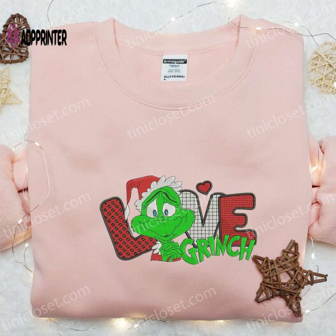 Christmas Grinch Love: Embroidered Shirt & Hoodie – Festive Cartoon Apparel