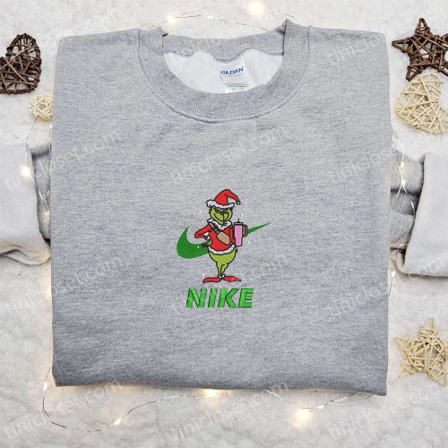 Grinch x Nike Embroidered Shirt & Sweatshirt: Best Christmas Gifts for Family with Pink Coffee Cup