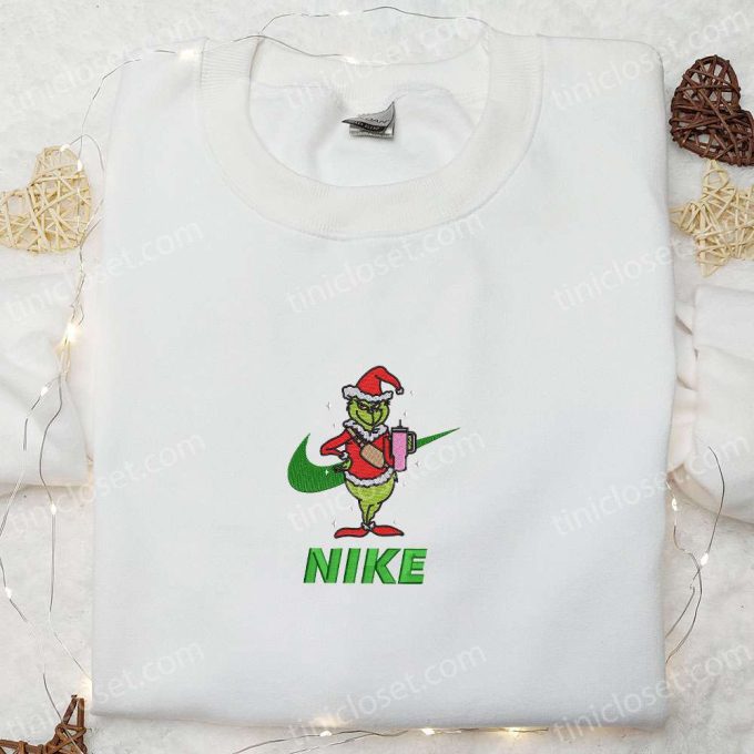 Grinch x Nike Embroidered Shirt & Sweatshirt: Best Christmas Gifts for Family with Pink Coffee Cup