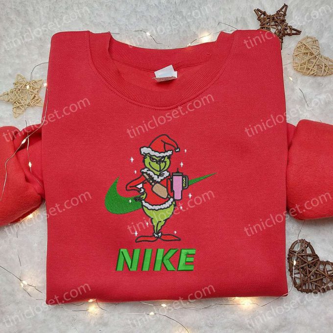 Grinch x Nike Embroidered Shirt & Sweatshirt: Best Christmas Gifts for Family with Pink Coffee Cup