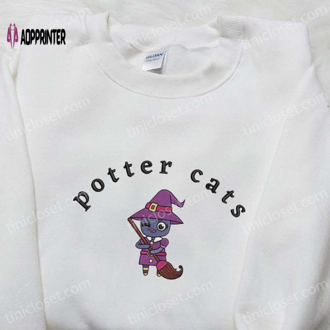 Enchanting Halloween Potter Cats Embroidered Hoodie & T-Shirt: Spooky & Adorable Attire