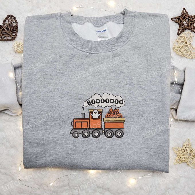 Spooktacular Halloween Pumpkin Train Boo Ghost Embroidered Shirt – Perfect Family Gift