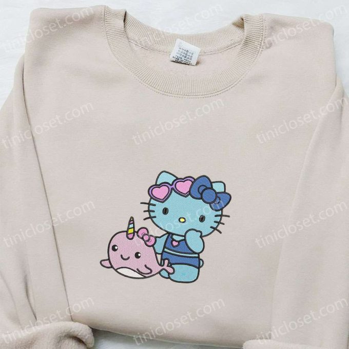 Adorable Hello Kitty and Narwhal Embroidered Shirt: Perfect for Cute Animal Lovers!