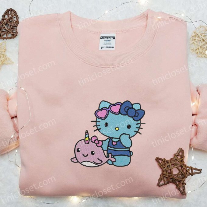 Adorable Hello Kitty and Narwhal Embroidered Shirt: Perfect for Cute Animal Lovers!