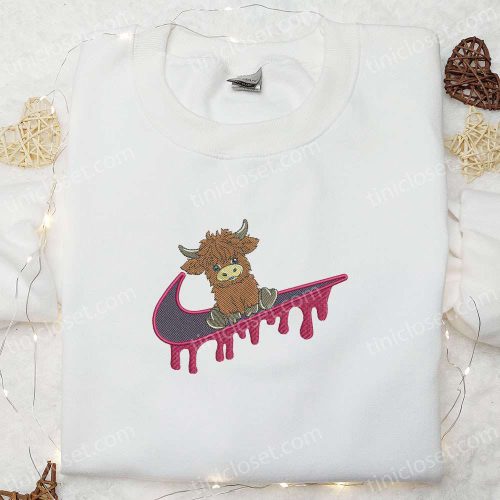 Stylish Highland Cow Embroidered Shirt: Trendy Animal Design for a Fashionable Statement