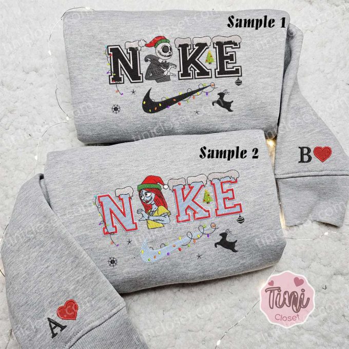 Jack and Sally Xmas x Nike Embroidered Couple Shirt: Christmas Shirt & Nike Inspired Hoodie