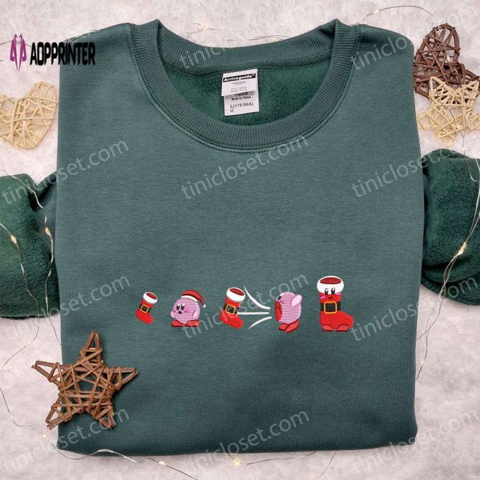 Kirby Eating Christmas Stocking Embroidered Shirt Hoodie & Sweatshirt – Festive Game Character Clothing