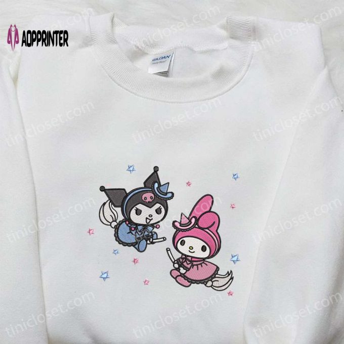 Kuromi & My Melody Witches Embroidered Hoodie: Cute Halloween Sweatshirt Best Gifts for Daughter