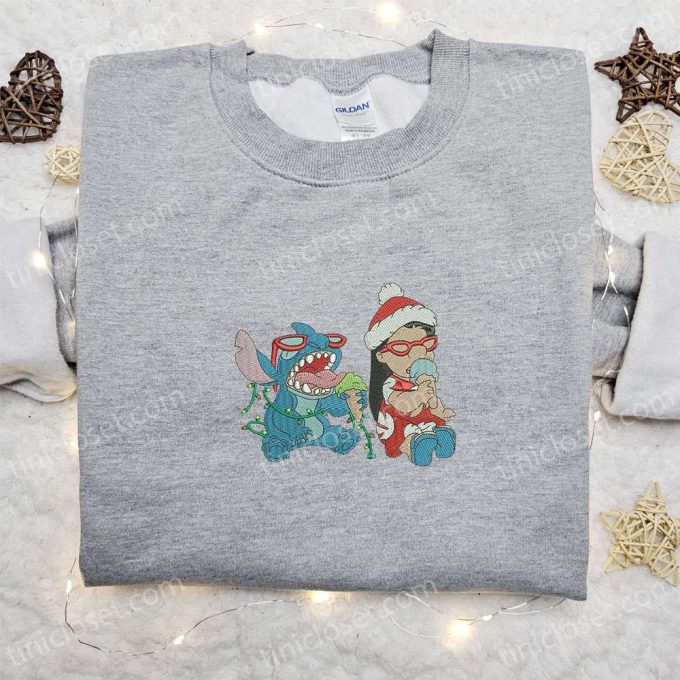 Disney Lilo And Stitch Christmas Embroidered Shirt & Hoodie: Festive Disney Characters Eating Ice-Cream – Limited Edition