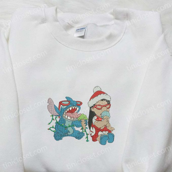 Disney Lilo And Stitch Christmas Embroidered Shirt & Hoodie: Festive Disney Characters Eating Ice-Cream – Limited Edition