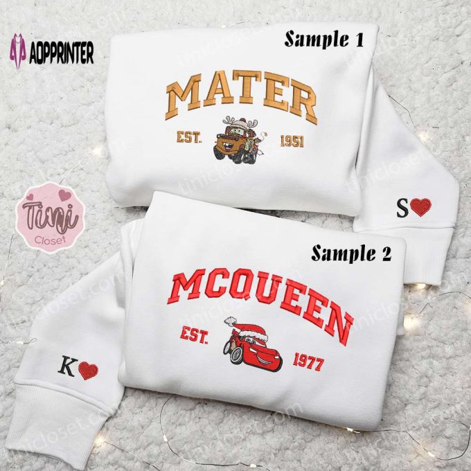 Disney Mater McQueen Christmas Embroidered Couple Shirt & Hoodie: Festive Disney Characters Apparel