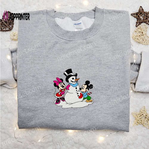 Mickey & Minnie Building Snowman Embroidered Shirt & Hoodie: Best Christmas Gifts for Family