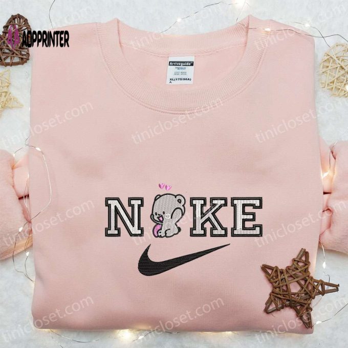 Milk Bear x Nike Swoosh Embroidered Shirt Mocha Bears Cartoon Hoodie Nike Inspired Sweatshirt