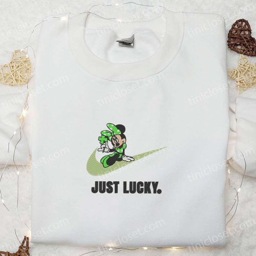 Minnie Just Lucky x Nike Swoosh Embroidered Shirt & Disney Characters Hoodie – Perfect Saint Patrick’s Day Gift!