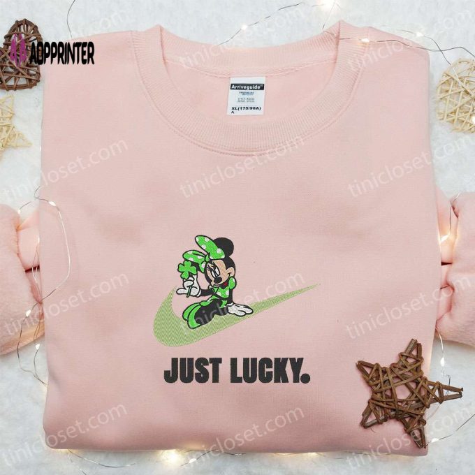 Minnie Just Lucky x Nike Swoosh Embroidered Shirt & Disney Characters Hoodie – Perfect Saint Patrick’s Day Gift!