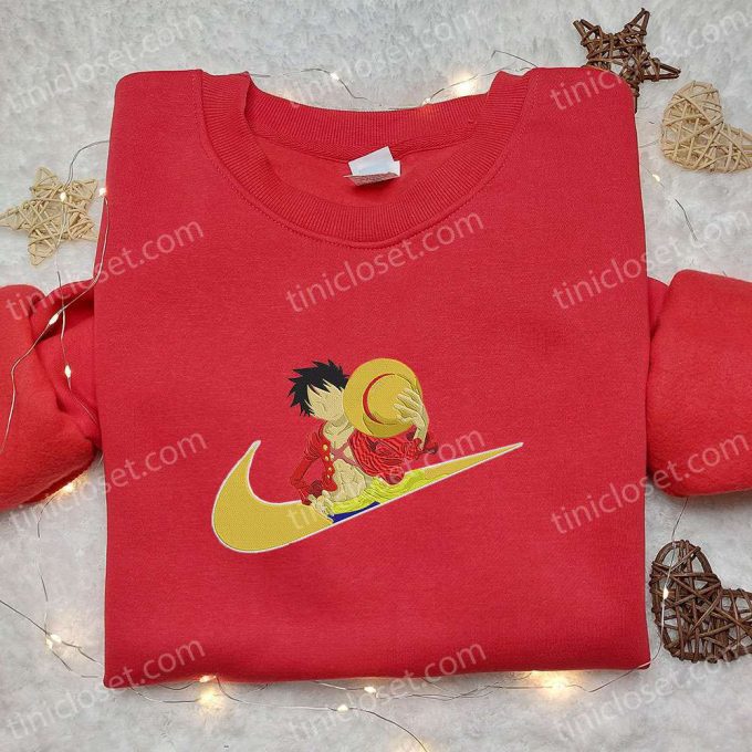 Monkey D Luffy x Swoosh Anime Embroidered Sweatshirt: Nike Inspired Hoodie Perfect Birthday Gift for Family