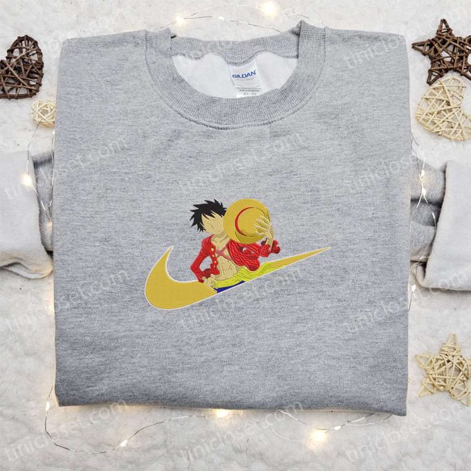 Monkey D Luffy x Swoosh Anime Embroidered Sweatshirt: Nike Inspired Hoodie Perfect Birthday Gift for Family