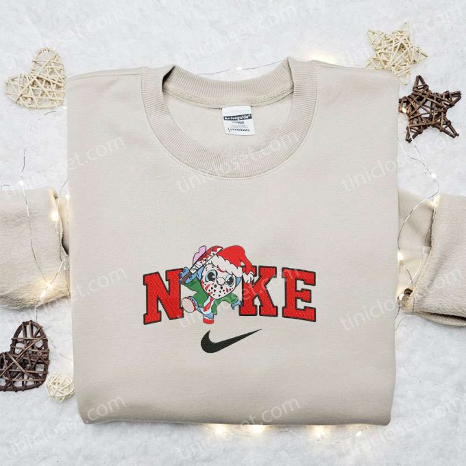 Nike Christmas x Stitch Jason Voorhees Embroidered Sweatshirt – Movie Christmas Shirt Best Gift Ideas