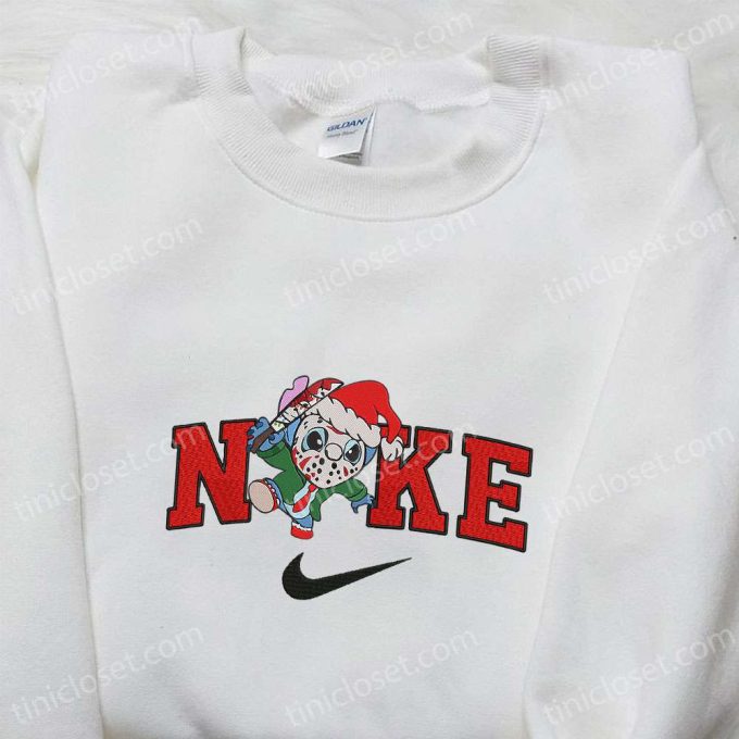 Nike Christmas x Stitch Jason Voorhees Embroidered Sweatshirt – Movie Christmas Shirt Best Gift Ideas