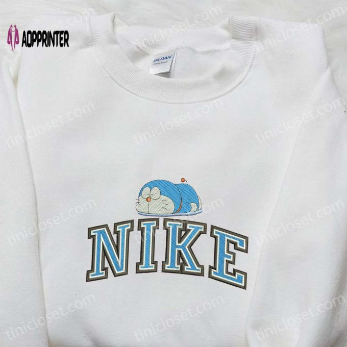 Cute Doraemon Embroidered Sweatshirt Hoodie & T-shirt by Nike: Cartoon Embroidery for a Playful Look