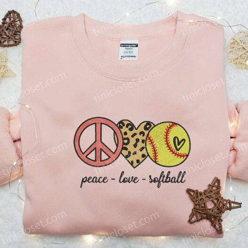 Peace Love Softball Embroidered Shirt & Mother’s Day Hoodie – Best Gift for Mom