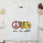 Peace Love Softball Embroidered Shirt & Mother’s Day Hoodie – Best Gift for Mom