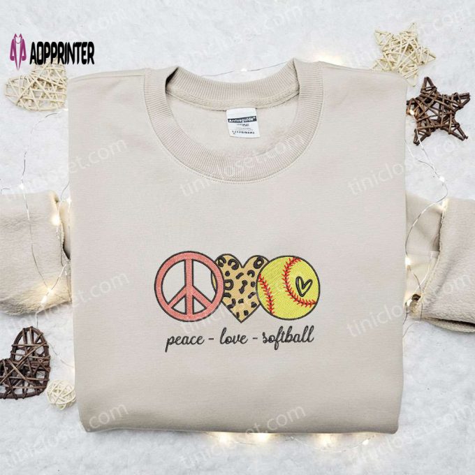 Peace Love Softball Embroidered Shirt & Mother’s Day Hoodie – Best Gift for Mom