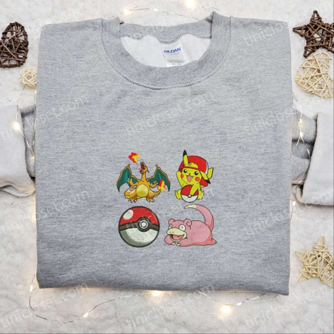 Pikachu Charmander Slowpoke Pokeball Embroidered Shirt & Anime Hoodie: Best Pokemon Gift Idea