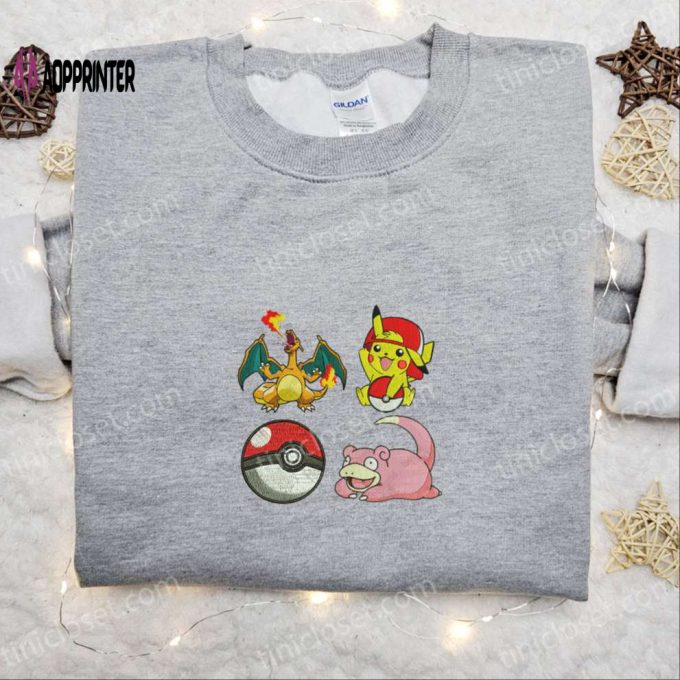 Pikachu Charmander Slowpoke Embroidered Shirt & Pokemon Anime Hoodie – Best Gift Idea!