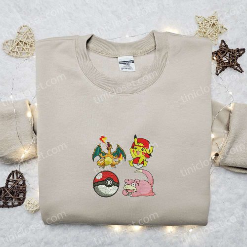 Pikachu Charmander Slowpoke Embroidered Shirt & Pokemon Anime Hoodie – Best Gift Idea!