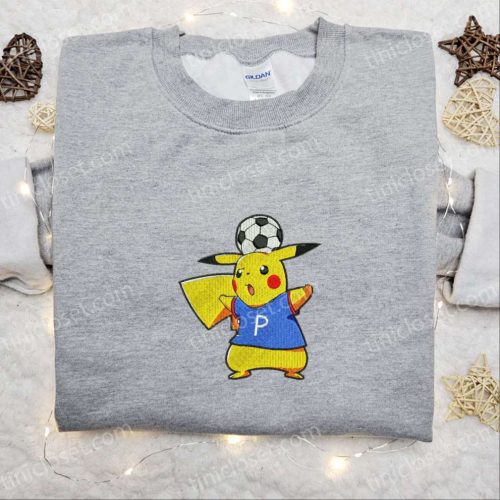 Pikachu Plays Soccer Embroidered Shirt & Anime Hoodie: Perfect Sports Gift Idea