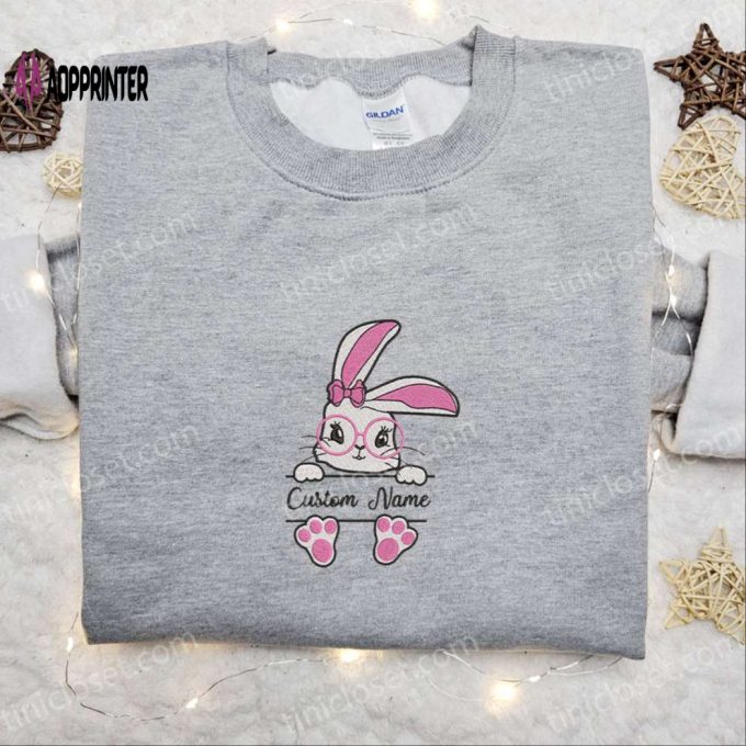 Pink Easter Bunny Embroidered Shirt & Custom Name Hoodie: Perfect Thanksgiving Day Gift Idea