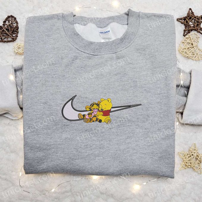 Disney Characters Embroidered Shirt & Hoodie: Pooh Tigger x Swoosh Cartoon – Perfect Birthday Gift Ideas