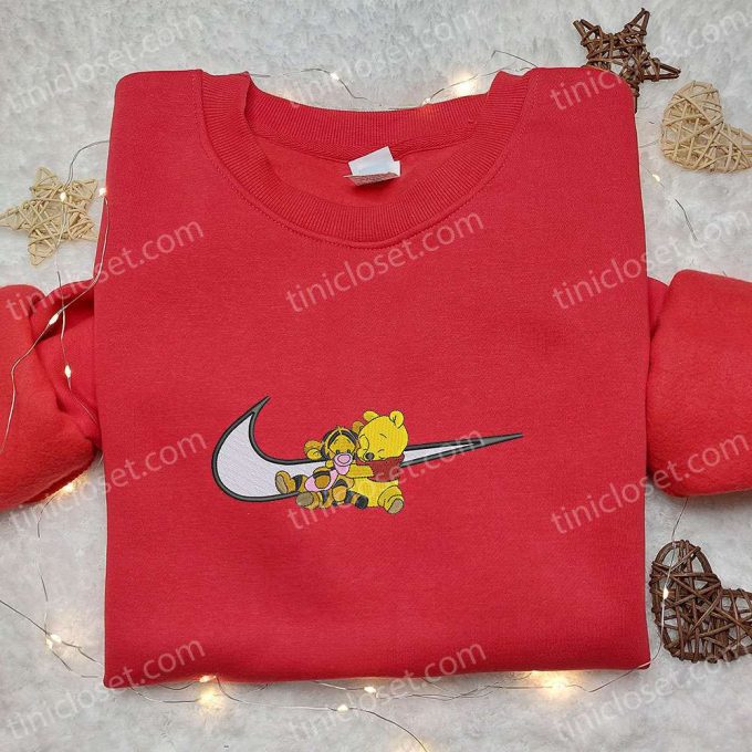 Disney Characters Embroidered Shirt & Hoodie: Pooh Tigger x Swoosh Cartoon – Perfect Birthday Gift Ideas