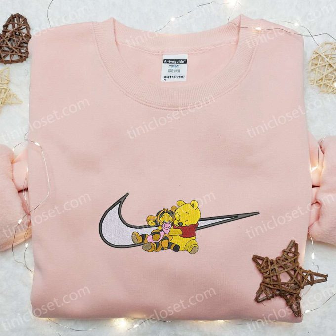 Disney Characters Embroidered Shirt & Hoodie: Pooh Tigger x Swoosh Cartoon – Perfect Birthday Gift Ideas