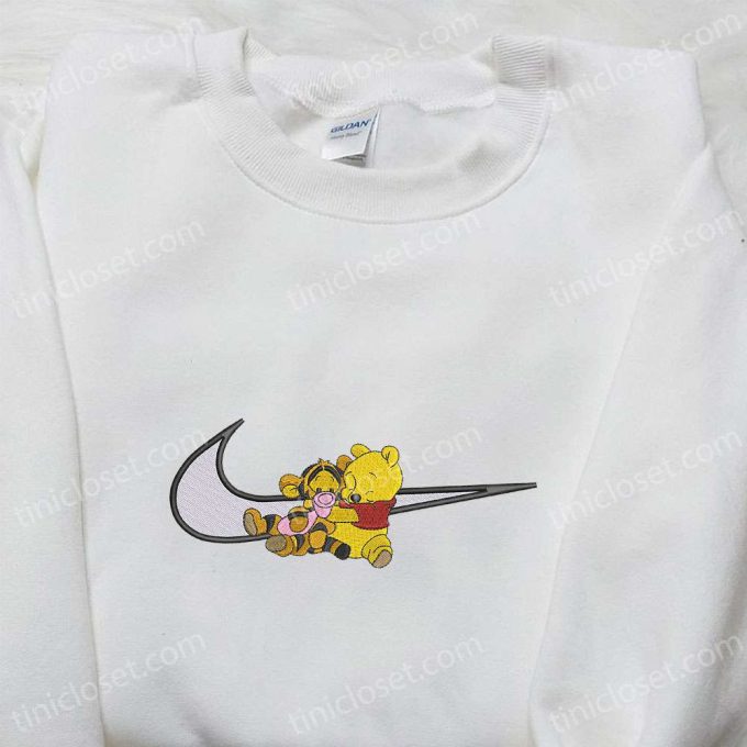 Disney Characters Embroidered Shirt & Hoodie: Pooh Tigger x Swoosh Cartoon – Perfect Birthday Gift Ideas