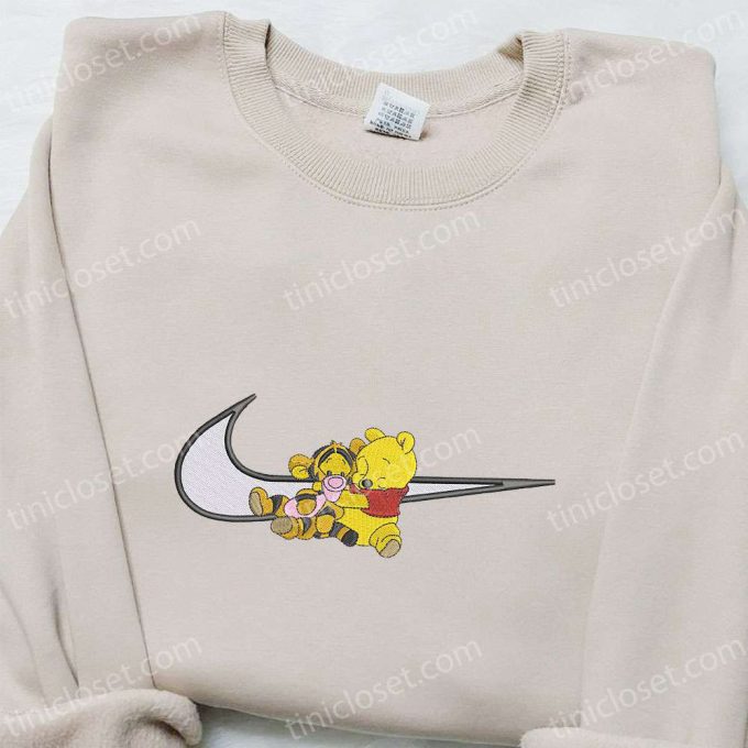 Disney Characters Embroidered Shirt & Hoodie: Pooh Tigger x Swoosh Cartoon – Perfect Birthday Gift Ideas