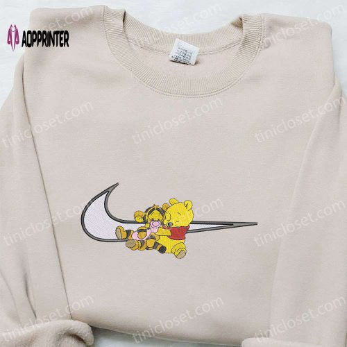 Disney Characters Embroidered Shirt & Hoodie: Pooh Tigger x Swoosh Cartoon – Perfect Birthday Gift Ideas