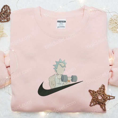 Rick Lifting x Nike Swoosh Embroidered Shirt Rick and Morty Cartoon Hoodie Sports T-Shirt