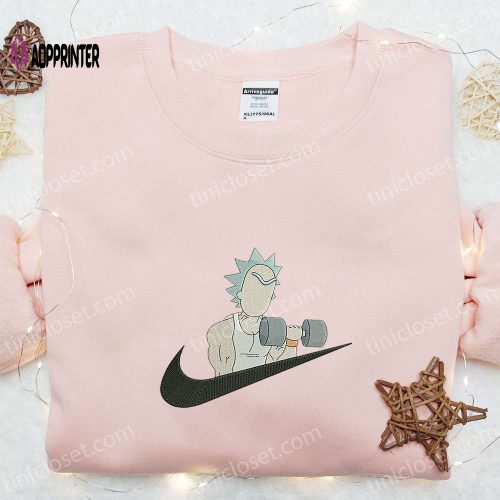 Rick Lifting x Nike Swoosh Embroidered Shirt Rick and Morty Cartoon Hoodie Sports T-Shirt