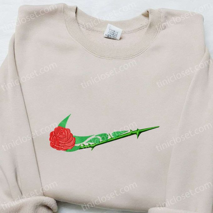 Custom Rose Flower x Swoosh Embroidered Shirt Sweatshirt & Hoodie Nike Inspired Collection